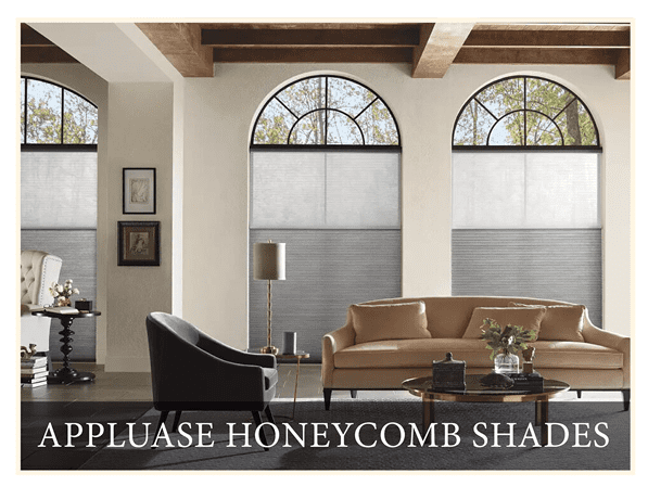 A living room with furniture and windows covered in shades.
