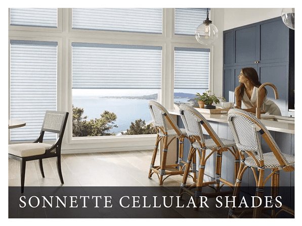 A woman sitting at the table in front of windows.