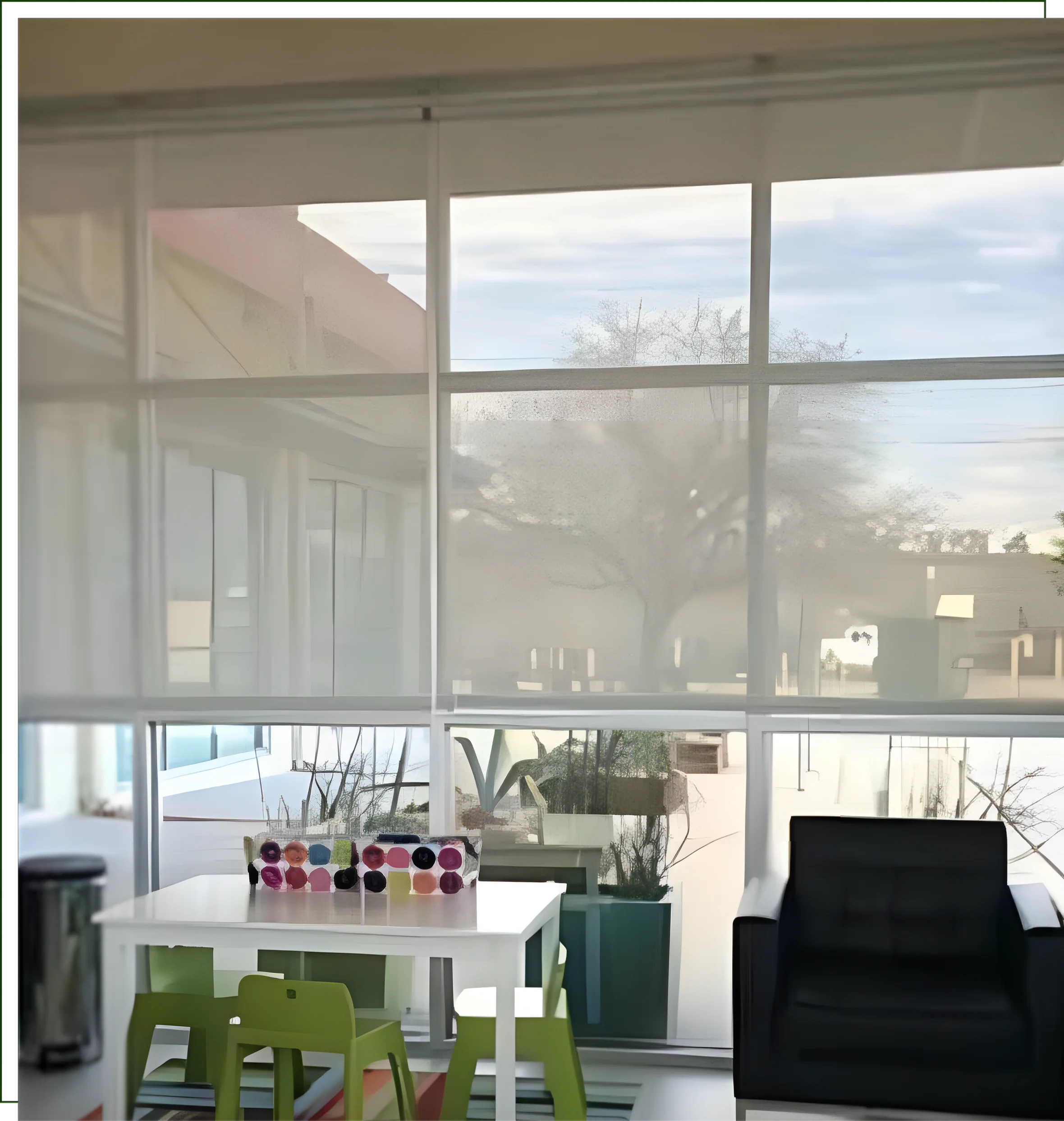 A room with two windows and a table