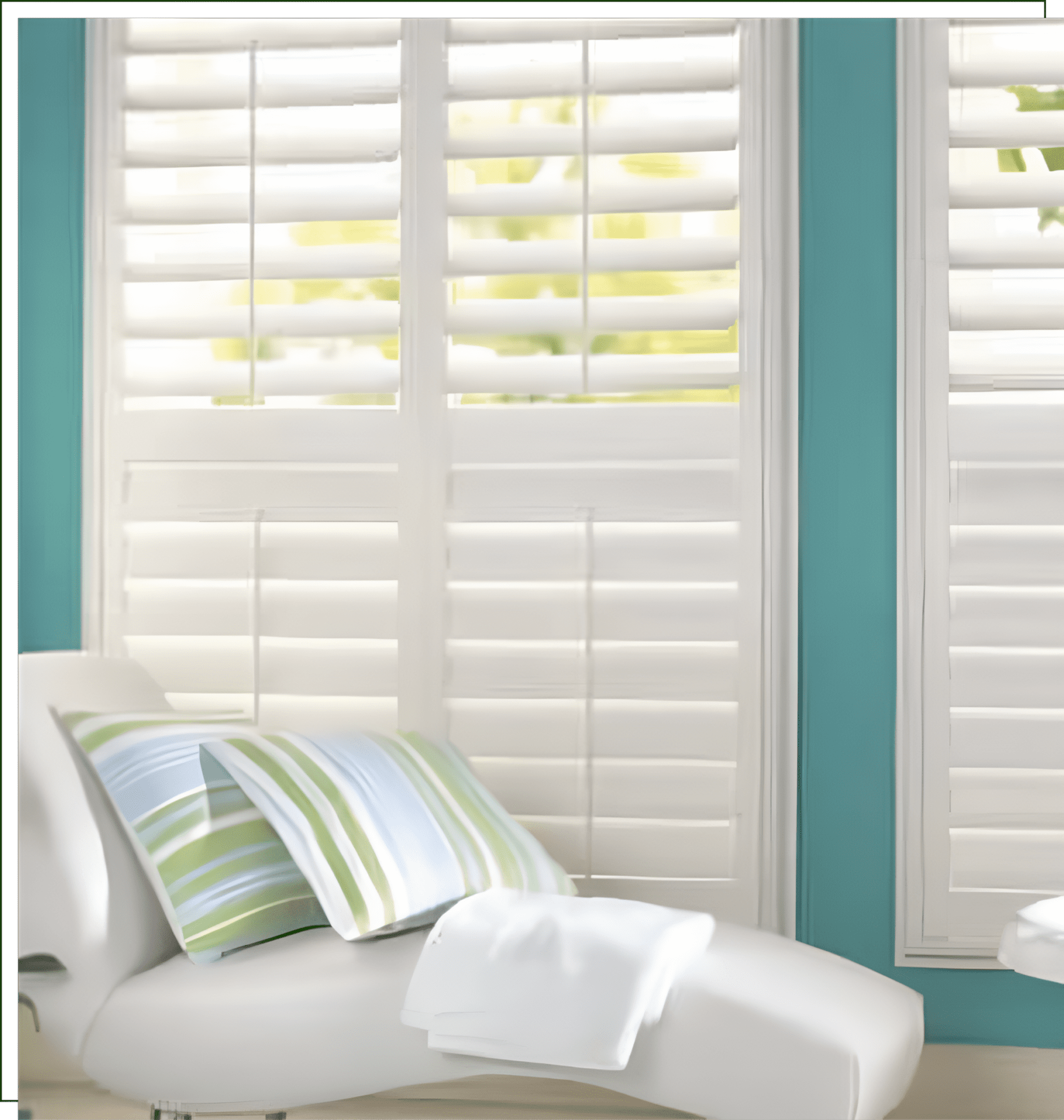 A room with white shutters and pillows on the floor.