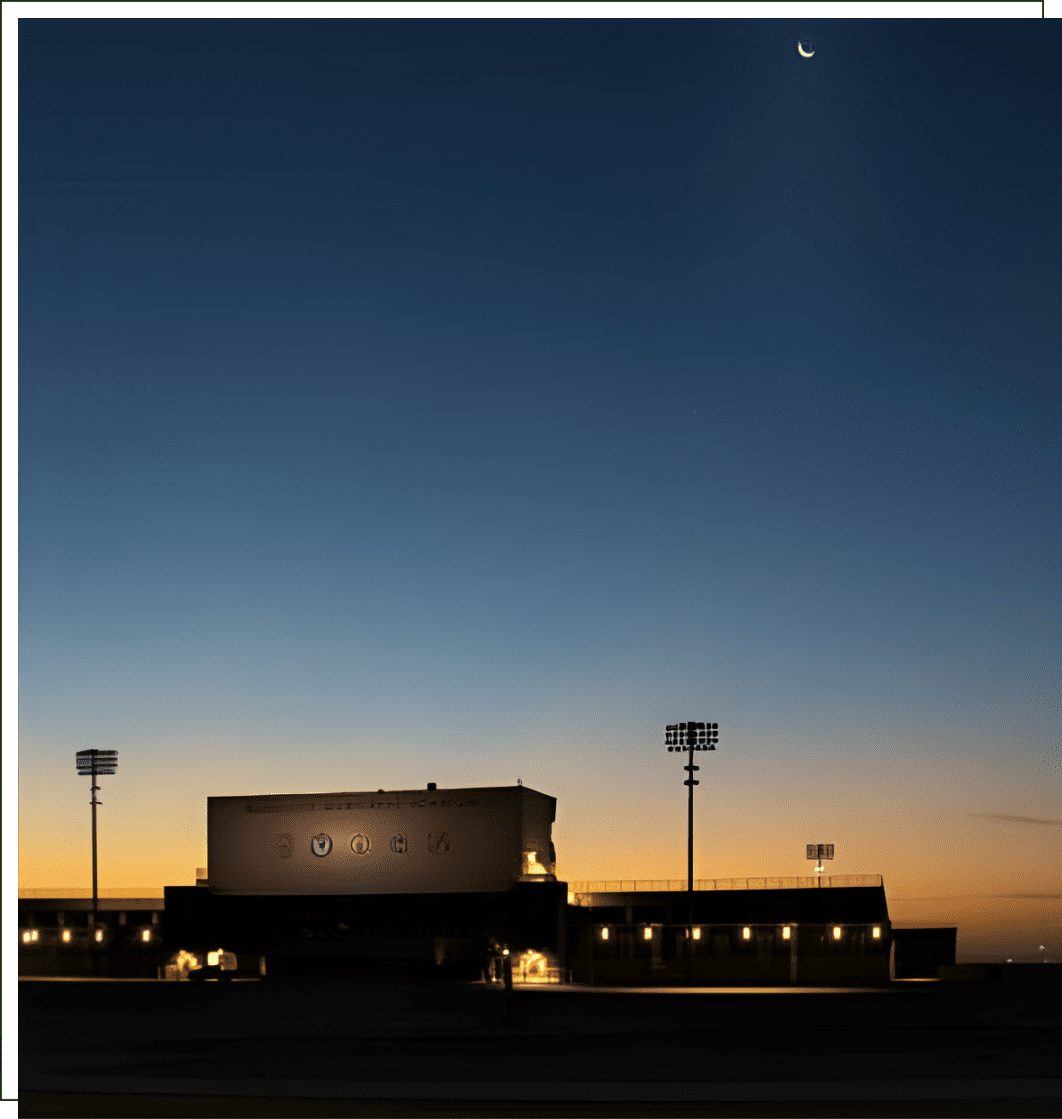 A train is traveling down the tracks at dusk.