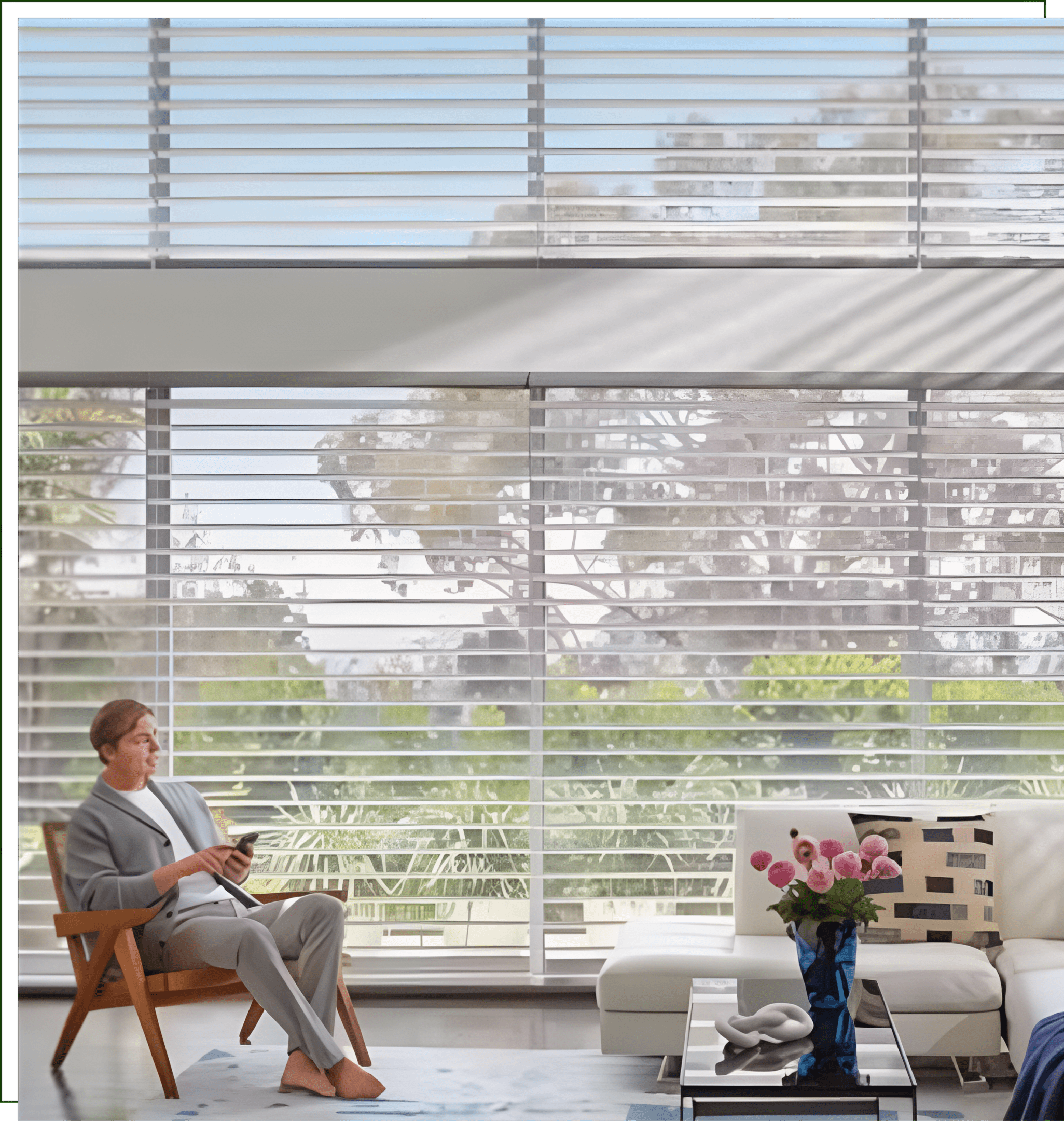 A woman sitting in front of a window with blinds.