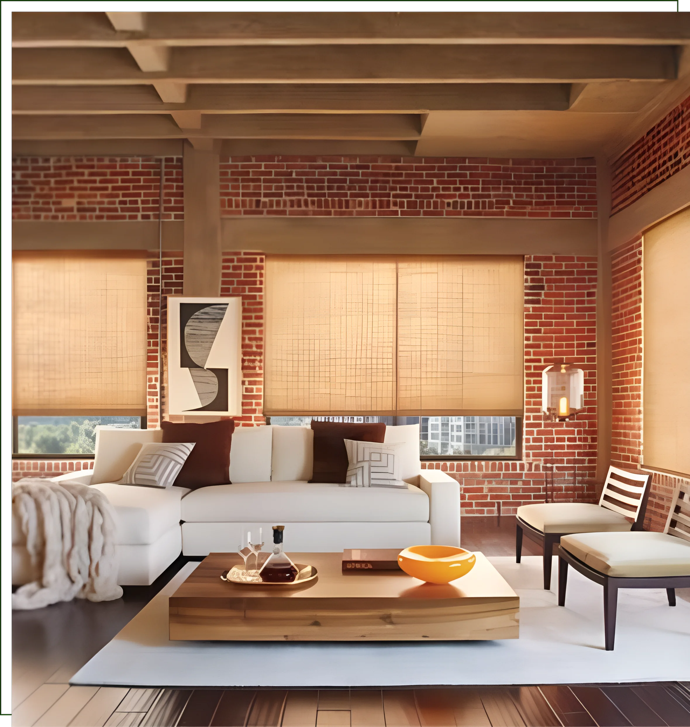 A living room with brick walls and white furniture.