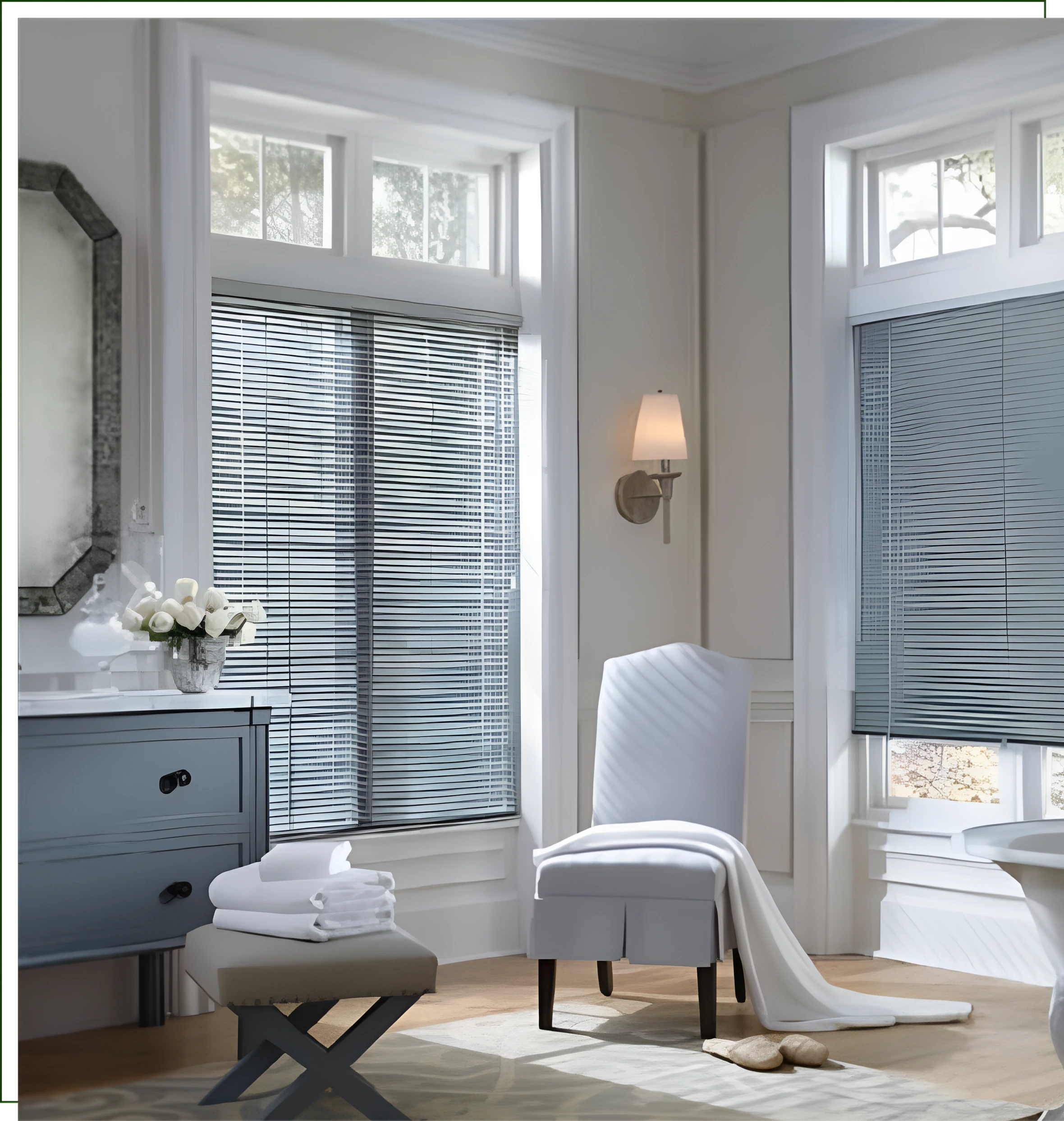 A room with two windows and a chair in it