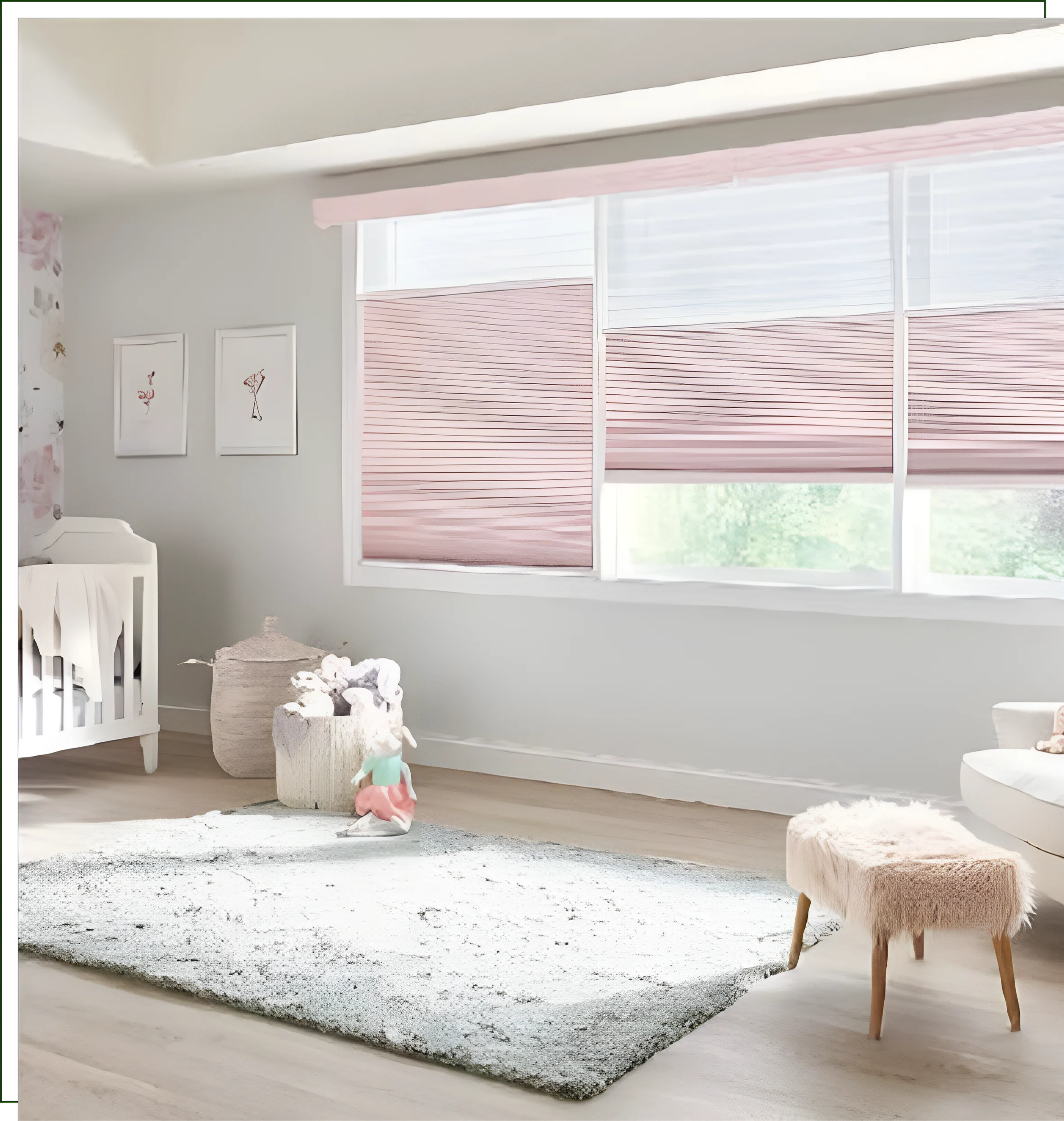 A baby room with a rug and a window