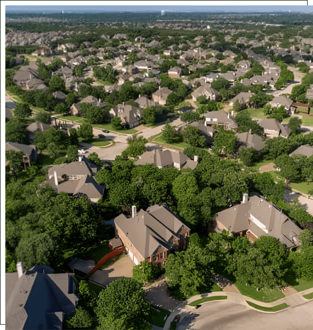 A view of many houses from above.