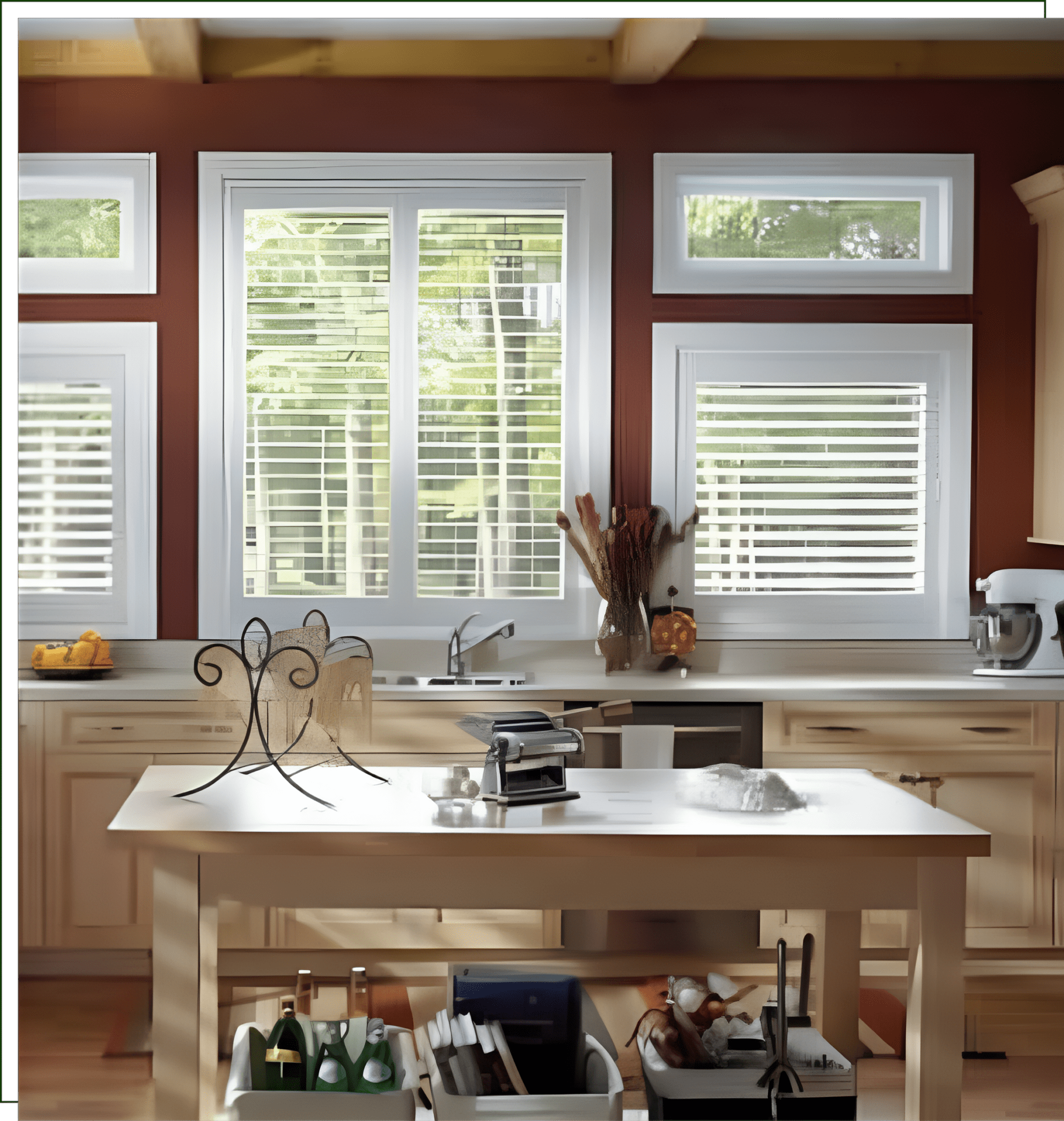 A kitchen with wooden cabinets and white walls.