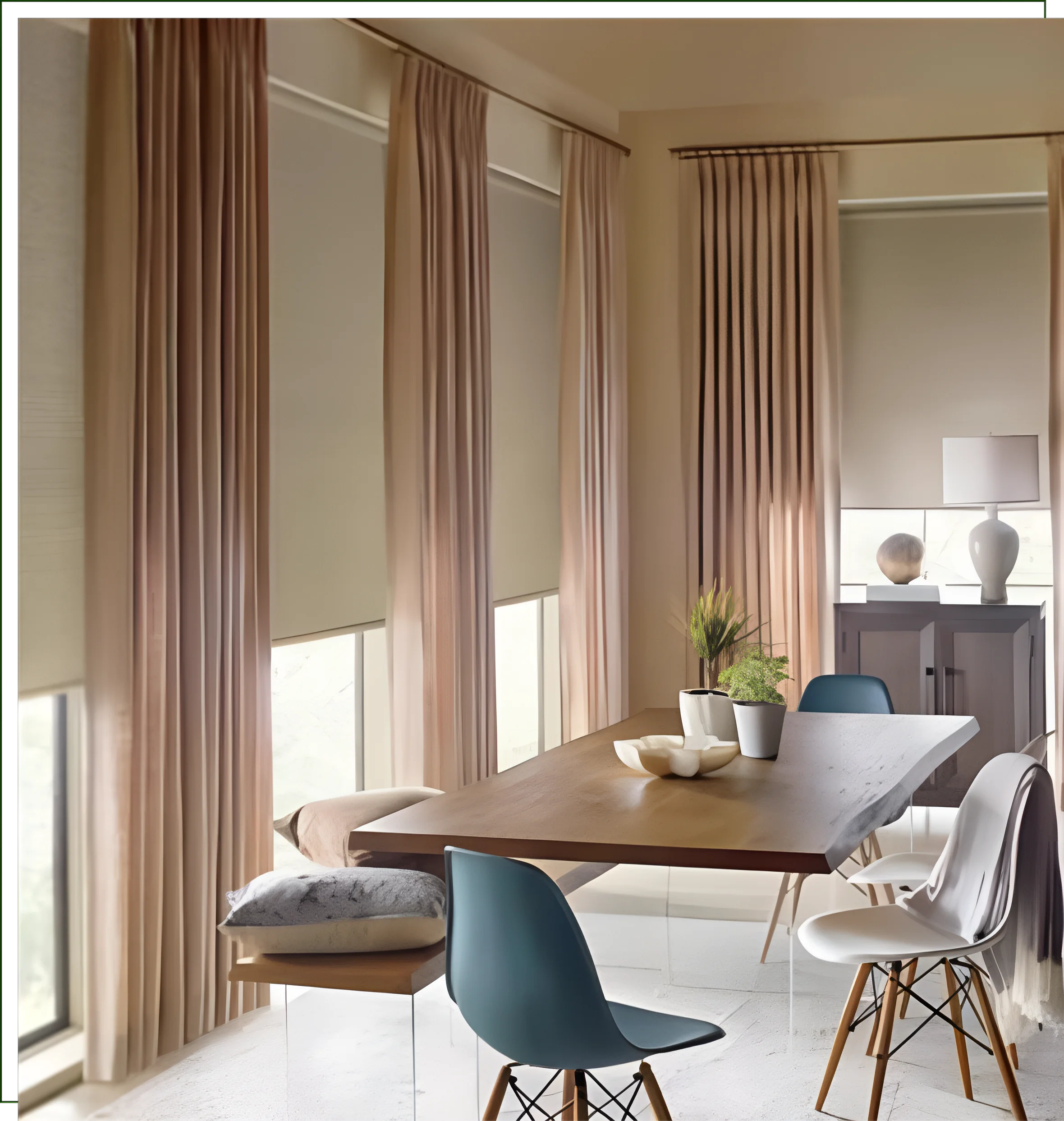 A dining room with chairs and tables, and a table covered in curtains.