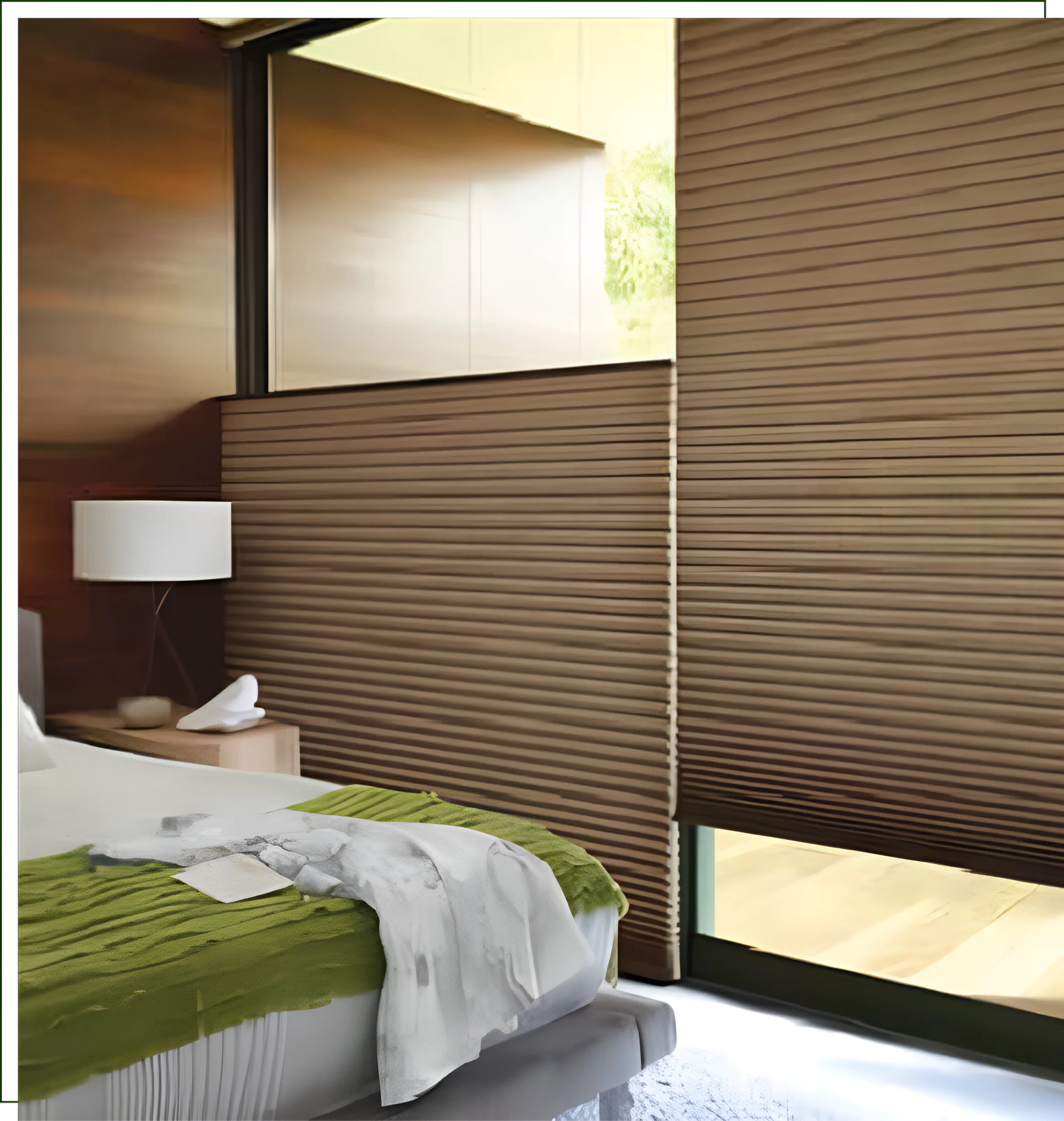 A bedroom with a bed and window blinds.