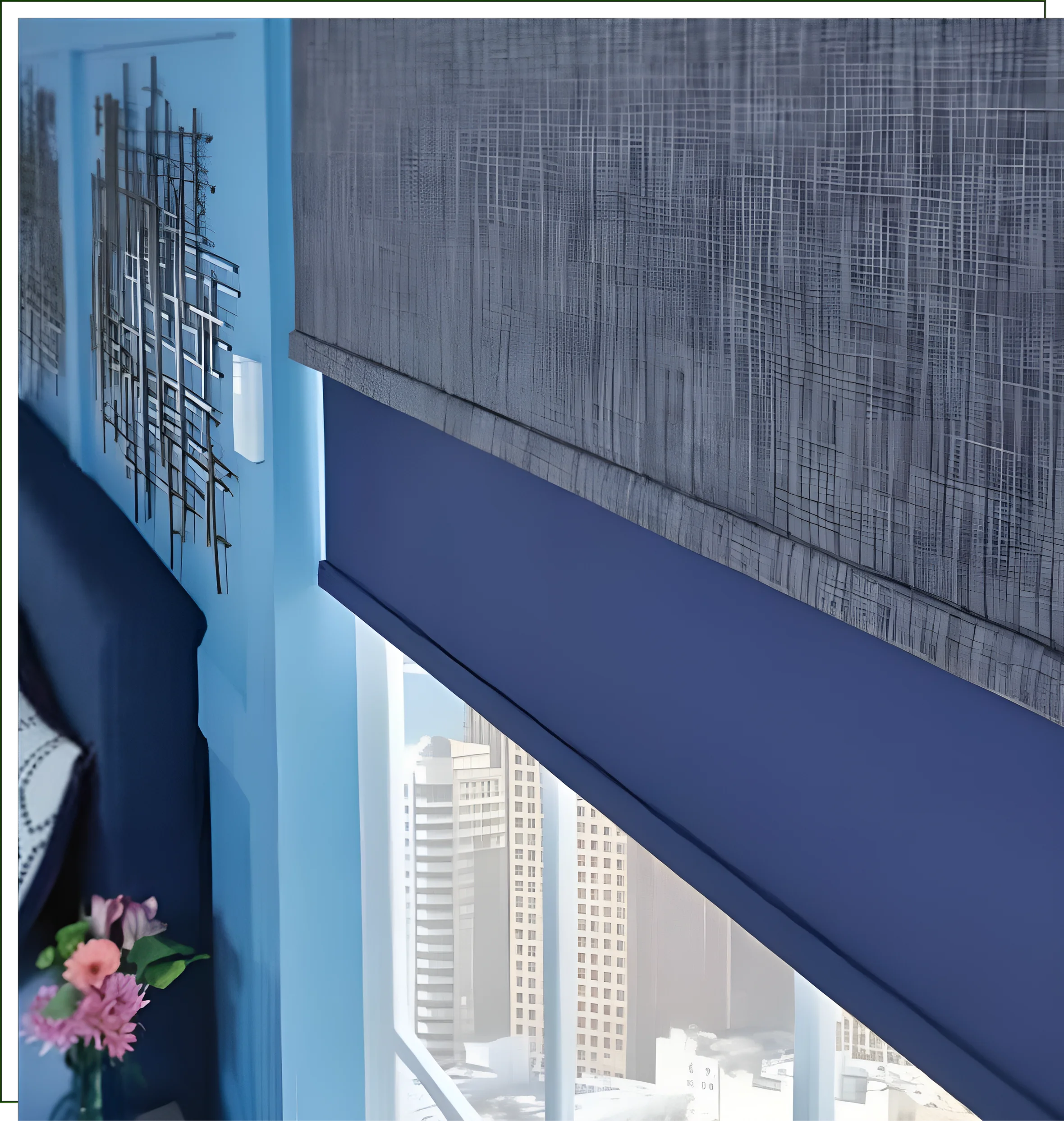 A window with blue curtains and a blue wall