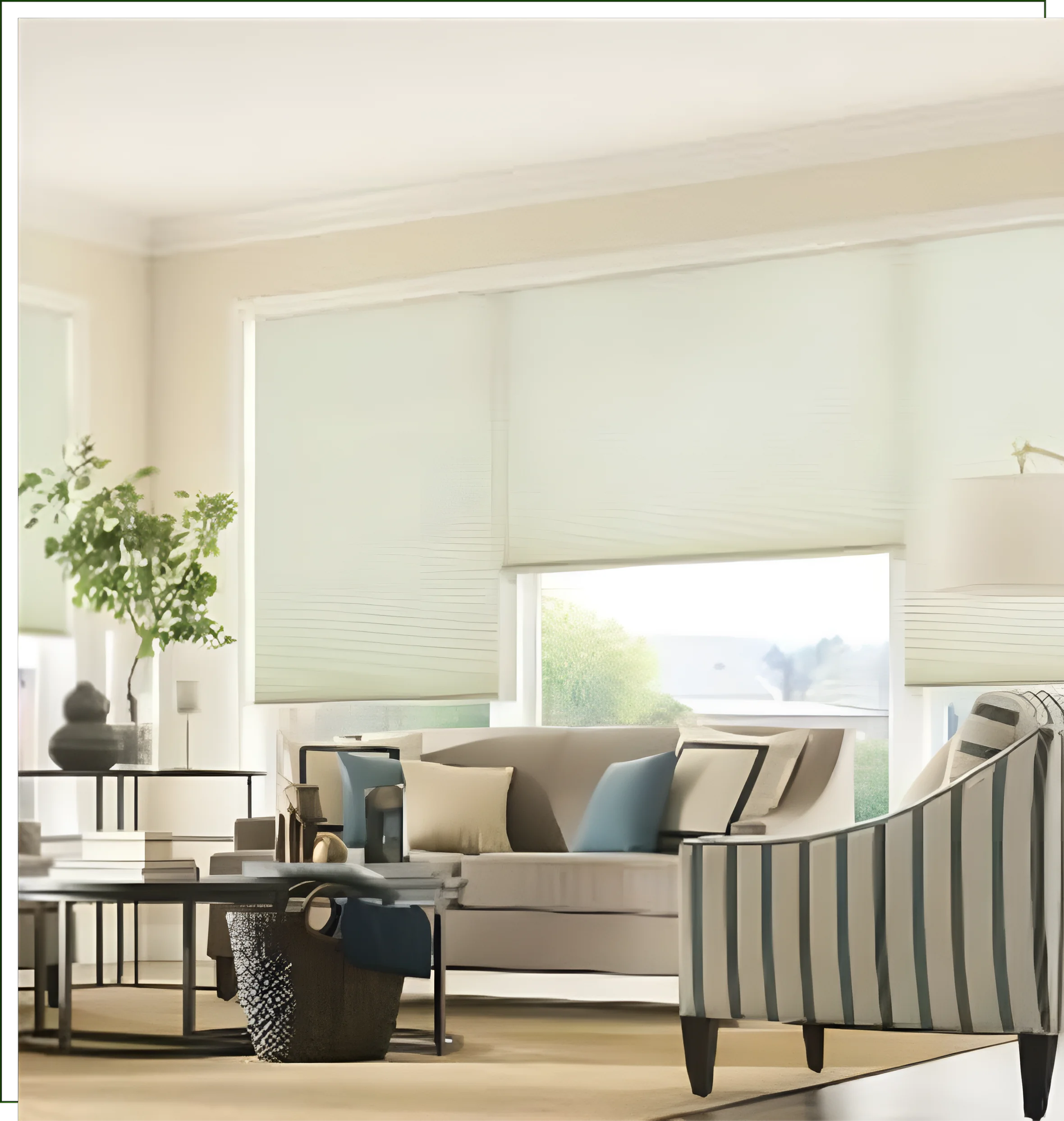 A living room with furniture and windows covered in white shades.