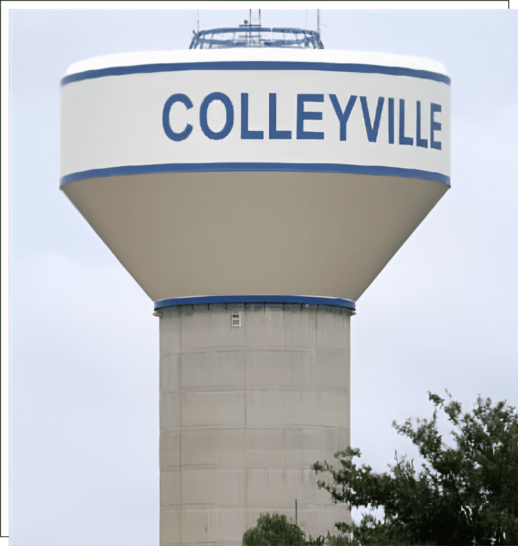A water tower with the name of colleyville on it.